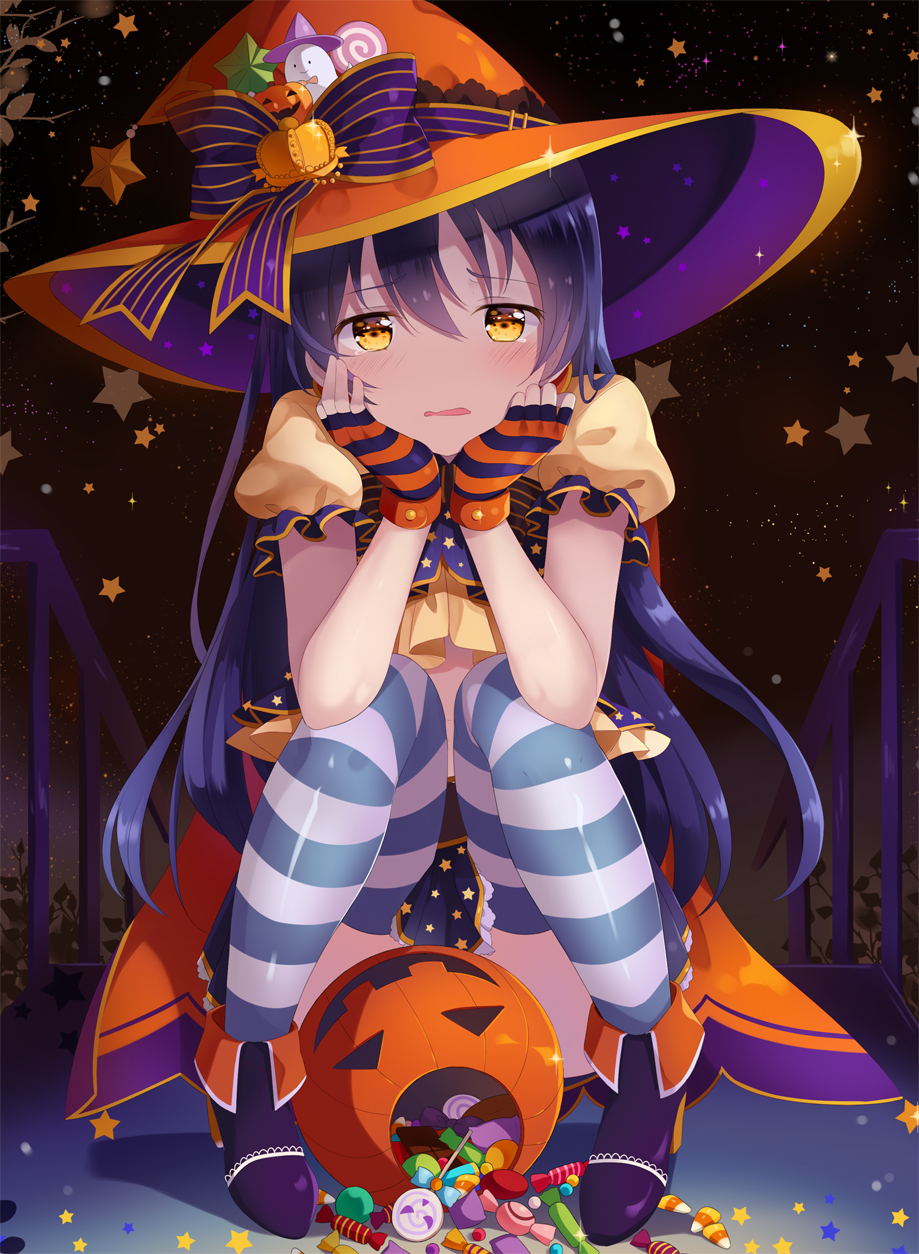 1girl bangs blue_hair candy chin_rest commentary crop_top frilled_sleeves frills gloves hair_between_eyes halloween hat hat_ribbon highres hitsukuya jack-o'-lantern long_hair looking_at_viewer love_live! love_live!_school_idol_project open_mouth pigeon-toed puffy_short_sleeves puffy_sleeves ribbon short_sleeves skirt solo sonoda_umi squatting star striped striped_gloves striped_legwear striped_ribbon thigh-highs witch_hat yellow_eyes