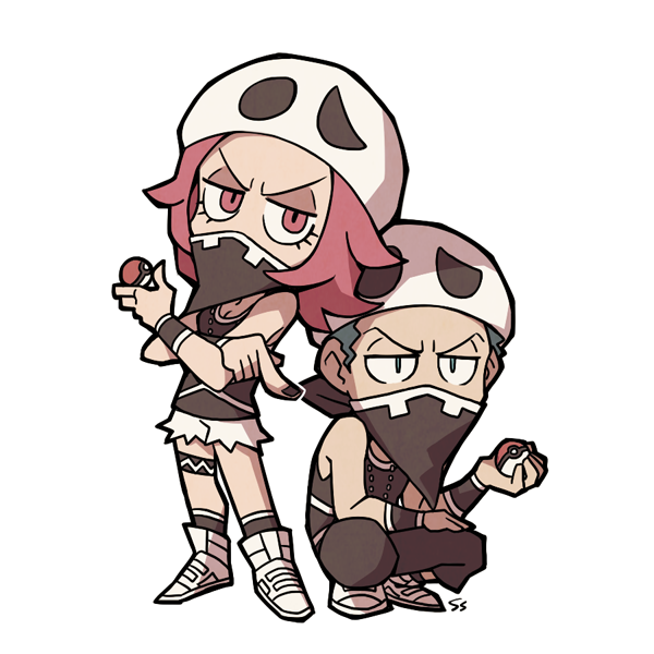 1boy 1girl bandana blue_eyes blue_hair chibi covered_mouth eyelashes food fruit full_body holding holding_poke_ball long_hair pink_eyes pink_hair poke_ball pokemon pokemon_(game) pokemon_sm shoes short_hair short_shorts shorts signature sneakers squatting ssalbulre tank_top team_skull team_skull_grunt