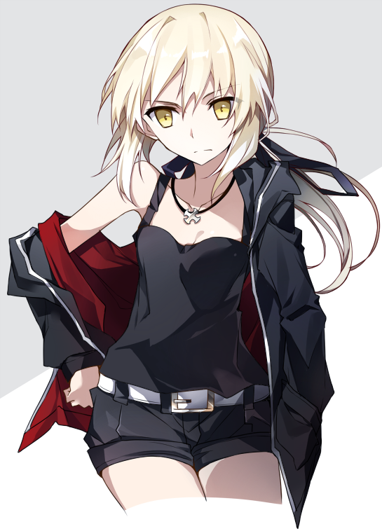 1girl :&lt; bangs bare_shoulders belt black_blouse black_ribbon black_shorts blonde_hair blouse breasts casual cleavage closed_mouth collarbone commentary_request cross cross_necklace fate_(series) grey_background hair_between_eyes hair_ribbon hand_on_hip hands_in_pockets hood hoodie jewelry long_sleeves looking_at_viewer low_ponytail lying necklace on_back open_clothes open_hoodie pale_skin parted_lips ponytail ribbon saber saber_alter short_shorts shorts sidelocks simple_background small_breasts solo standing thighs tsuedzu white_hair yellow_eyes