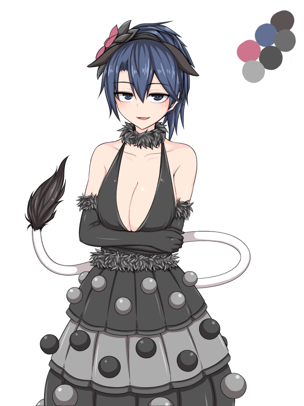 1girl adapted_costume bare_shoulders black_dress blue_eyes blue_hair blush breast_hold breasts cleavage collarbone cowboy_shot crossed_arms doremy_sweet dress flower fur_trim hair_flower hair_ornament hairband kuroba_rapid large_breasts layered_dress looking_at_viewer parted_lips pom_poms short_hair smile solo tapir_ears tapir_tail touhou white_background