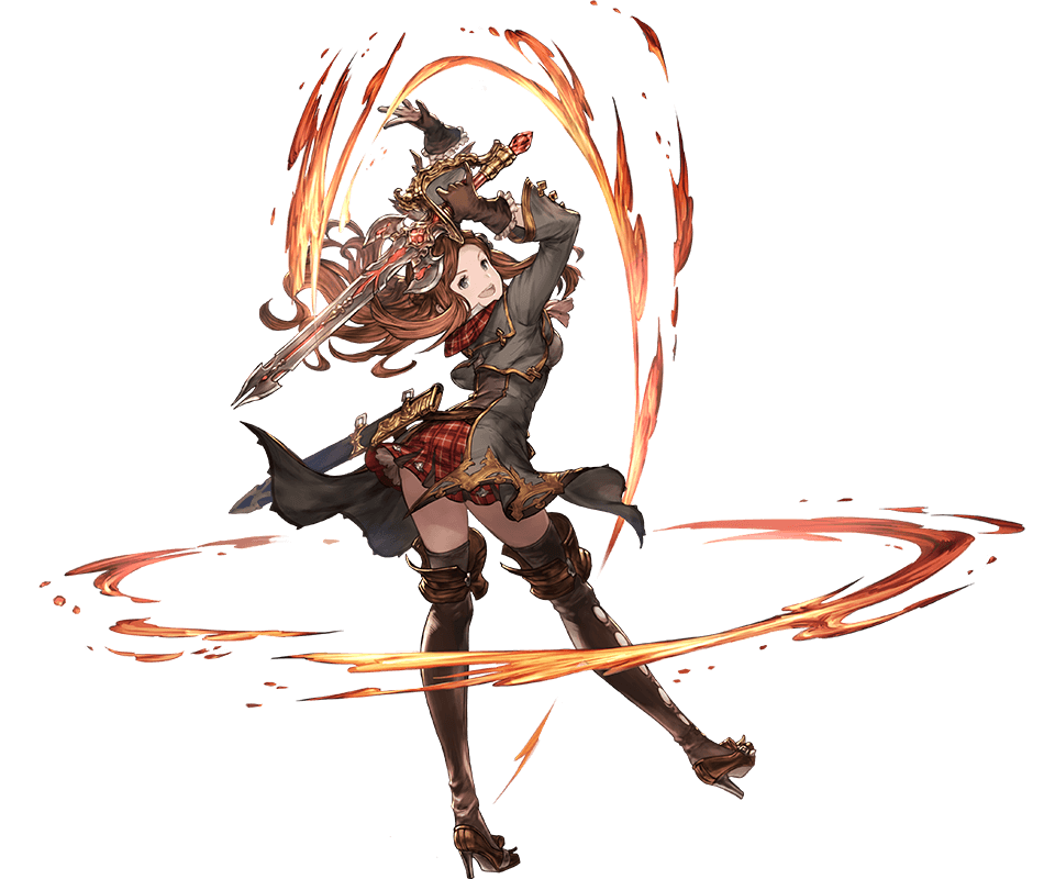 black_legwear brown_eyes brown_hair carren coat detached_sleeves gloves granblue_fantasy holding holding_sword holding_weapon long_hair looking_at_viewer looking_back minaba_hideo open_mouth simple_background skirt smile solo sword thigh-highs weapon white_background zettai_ryouiki