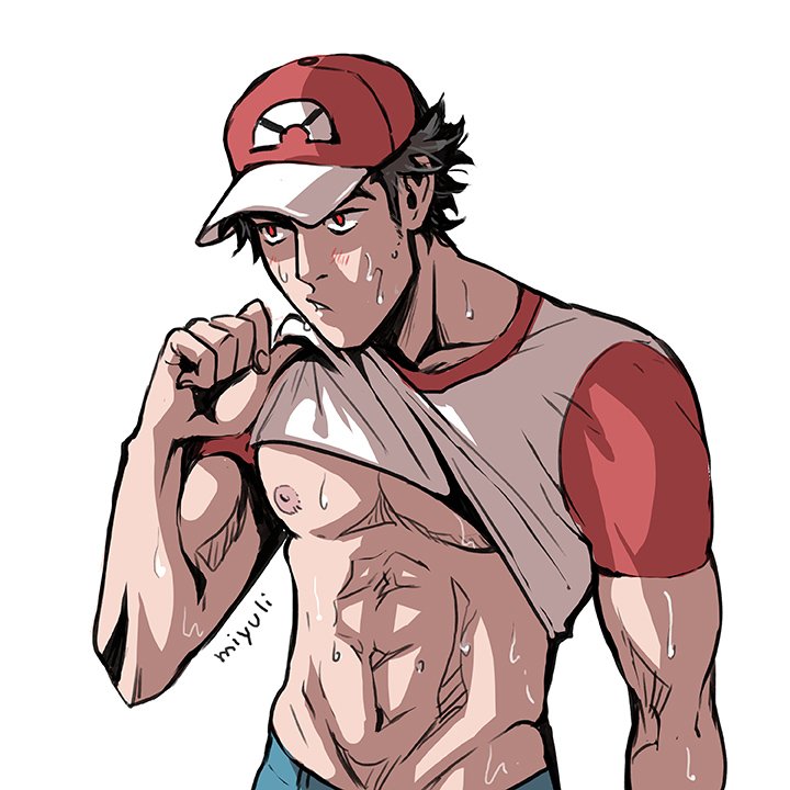 1boy artist_name baseball_cap brown_hair denim hat jeans male_focus miyuli muscle nipples pants pokemon pokemon_(game) pokemon_sm raglan_sleeves red_(pokemon) red_(pokemon)_(sm) red_eyes shirt shirt_lift short_hair simple_background solo sweat t-shirt upper_body white_background