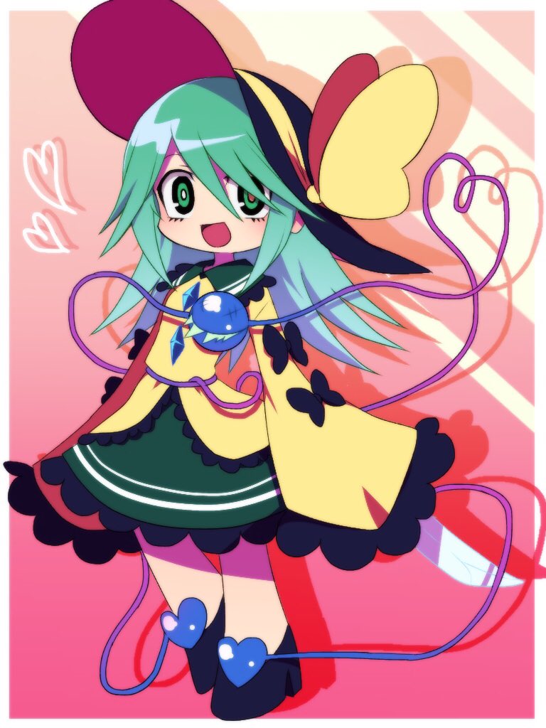 1girl :d alternate_hair_length alternate_hairstyle black_hat black_shoes bow chibi commentary_request drop_shadow eyeball frilled_shirt_collar frilled_skirt frilled_sleeves frills full_body green_eyes green_hair green_skirt hat hat_bow heart heart_of_string holding holding_knife knife komeiji_koishi long_hair long_sleeves open_mouth panty_&amp;_stocking_with_garterbelt parody shirt shoes skirt sleeves_past_wrists smile solo style_parody third_eye touhou wide_sleeves yellow_bow yellow_shirt you_(noanoamoemoe)