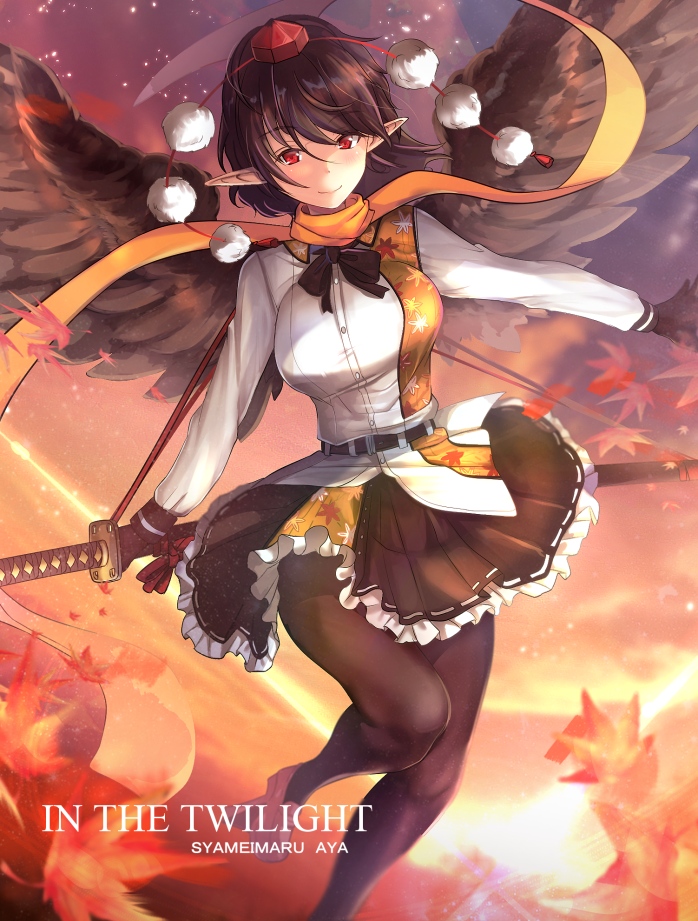 1girl background belt black_hair black_wings blush breasts buttons commentary_request feathered_wings feathers frilled_skirt frills gloves hat headwear katana leaf maple_leaf medium_breasts orange_scarf pantyhose patterned_clothing pointy_ears pom_pom_(clothes) red_eyes ribbon scarf shameimaru_aya sheath shirt skirt sky smile solo star_(sky) starry_sky sword tagme tokin_hat touhou typo untsue weapon wings