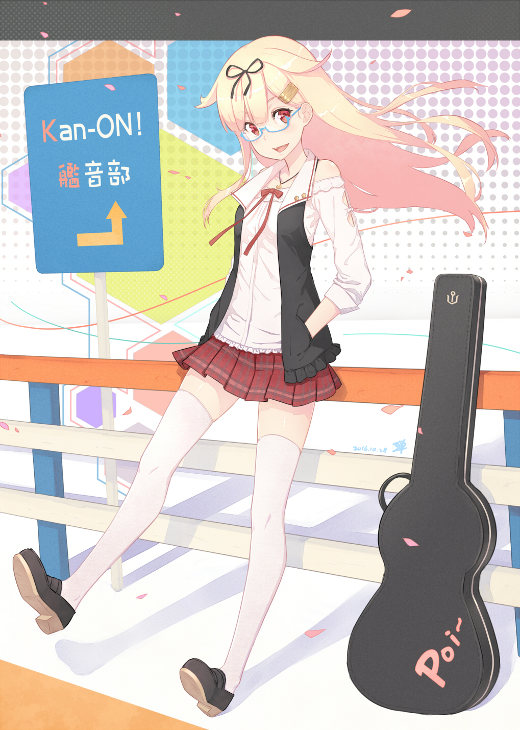 1girl adam700403 bangs bespectacled black_ribbon blonde_hair blue-framed_eyewear blush commentary_request fence glasses guitar_case hair_flaps hair_ornament hair_ribbon hairclip hands_in_pockets highres instrument_case jewelry kantai_collection loafers long_hair looking_at_viewer necklace open_mouth plaid plaid_skirt pleated_skirt red_eyes ribbon semi-rimless_glasses shoes skirt smile solo straight_hair thigh-highs under-rim_glasses vest white_legwear yuudachi_(kantai_collection)