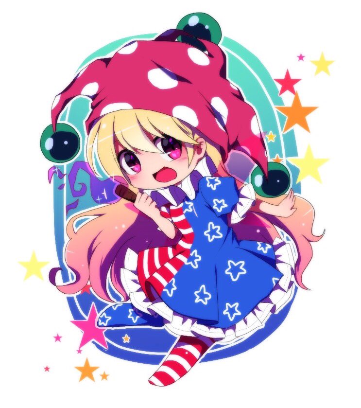 1girl :d american_flag_dress blonde_hair blush chibi clownpiece commentary_request dress fairy_wings frilled_dress frills full_body hat jester_cap long_hair looking_at_viewer neck_ruff open_mouth pantyhose pink_eyes polka_dot print_legwear puffy_short_sleeves puffy_sleeves short_sleeves smile solo star star_print striped striped_legwear torch touhou very_long_hair wings you_(noanoamoemoe)