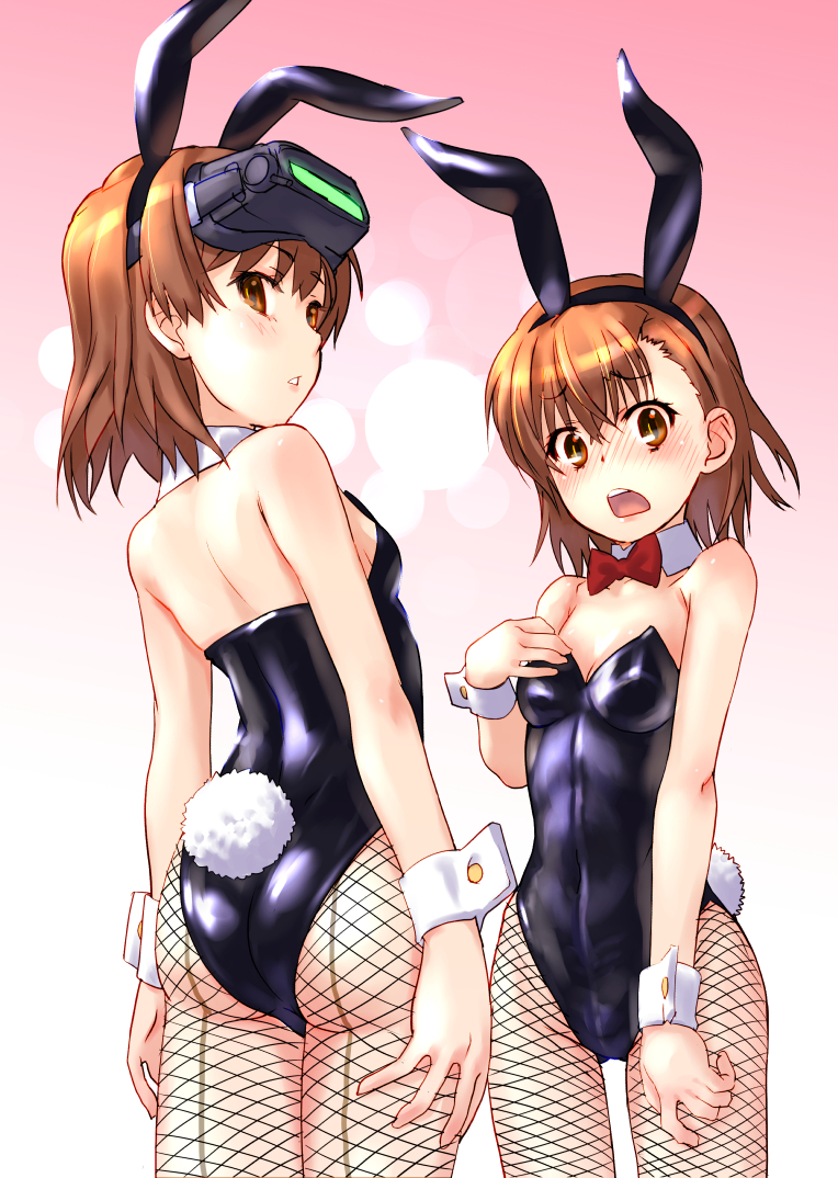 2girls animal_ears arms_at_sides ass back bangs bare_shoulders black_leotard blurry blush bokeh bow bowtie breasts brown_eyes brown_hair bunny_girl bunny_tail bunnysuit cleavage closed_mouth collarbone covered_navel cowboy_shot depth_of_field detached_collar embarrassed eyebrows eyebrows_visible_through_hair fake_animal_ears fishnet_legwear fishnet_pantyhose fishnets from_behind frown gradient gradient_background hairband hand_on_own_chest head_mounted_display legs_apart leotard looking_afar looking_at_viewer looking_away looking_down misaka_imouto misaka_mikoto multiple_girls open_mouth pantyhose rabbit_ears raika9 red_bow red_bowtie short_hair simple_background skin_tight small_breasts standing strapless strapless_leotard tail teeth to_aru_kagaku_no_railgun to_aru_majutsu_no_index wavy_mouth white_background wrist_cuffs yellow_background