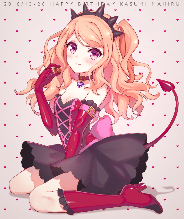 1girl aikatsu! aikatsu_stars! arm_belt arm_support bangs bare_shoulders belt between_legs birthday black_skirt blonde_hair blush boots bow breasts character_name choker cleavage closed_mouth cross-laced_clothes demon_tail english eyebrows eyebrows_visible_through_hair eyelashes food full_body gloves hairband hand_between_legs happy_birthday heart heart_background high_heel_boots high_heels holding holding_food jewelry kasumi_mahiru long_hair looking_at_viewer pendant pink_bow red_boots red_gloves shadow sitting skirt small_breasts smile solo strapless tail two_side_up violet_eyes wariza wavy_hair yellow_eyes yutsumoe