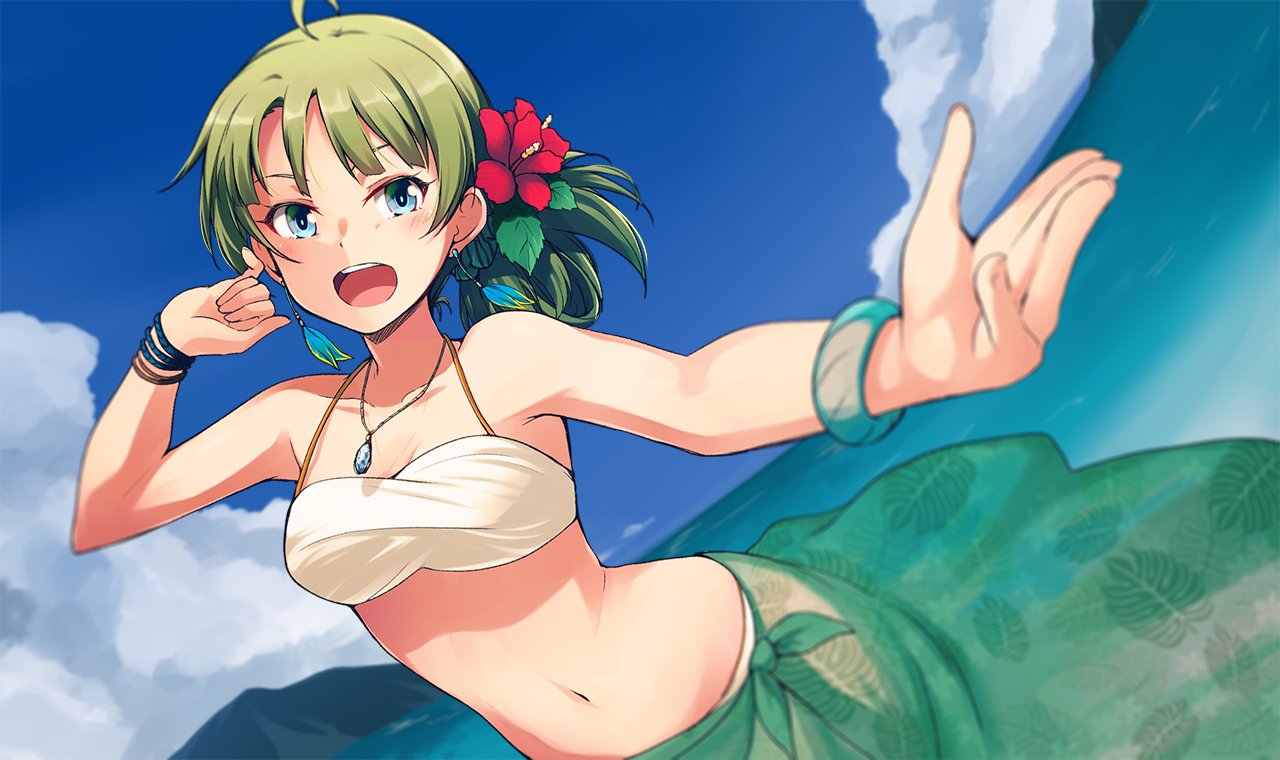 1girl :d ahoge bangle bikini blue_eyes blurry blush bracelet breasts cleavage clouds collarbone day depth_of_field earrings flower gem green_hair hair_flower hair_ornament idolmaster idolmaster_million_live! jewelry medium_breasts nanotsuki navel necklace open_mouth outdoors sarong shimabara_elena sky smile solo swimsuit water white_bikini