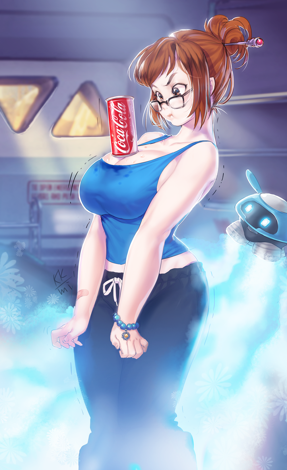 &gt;:t 1girl :t balancing bangs bead_bracelet beads belly_peek black-framed_eyewear black_pants bracelet breasts brown_hair casual cleavage coca-cola concentrating cross_eyed drawstring eyebrows fog from_side glasses hair_ornament hair_stick hairpin highres ice indoors jewelry kkmi large_breasts legs_together mei_(overwatch) overwatch pants robot sideboob snowball_(overwatch) soda_can solo standing sweat sweatpants tank_top tawawa_challenge thick_eyebrows trembling