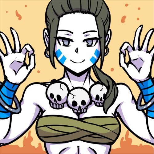 1girl akairiot black_hair breasts dhalsim dhalsim_(cosplay) facepaint grey_eyes long_hair looking_at_viewer lowres palms_together ponytail skull_necklace smile solo street_fighter super_smash_bros. wii_fit wii_fit_trainer