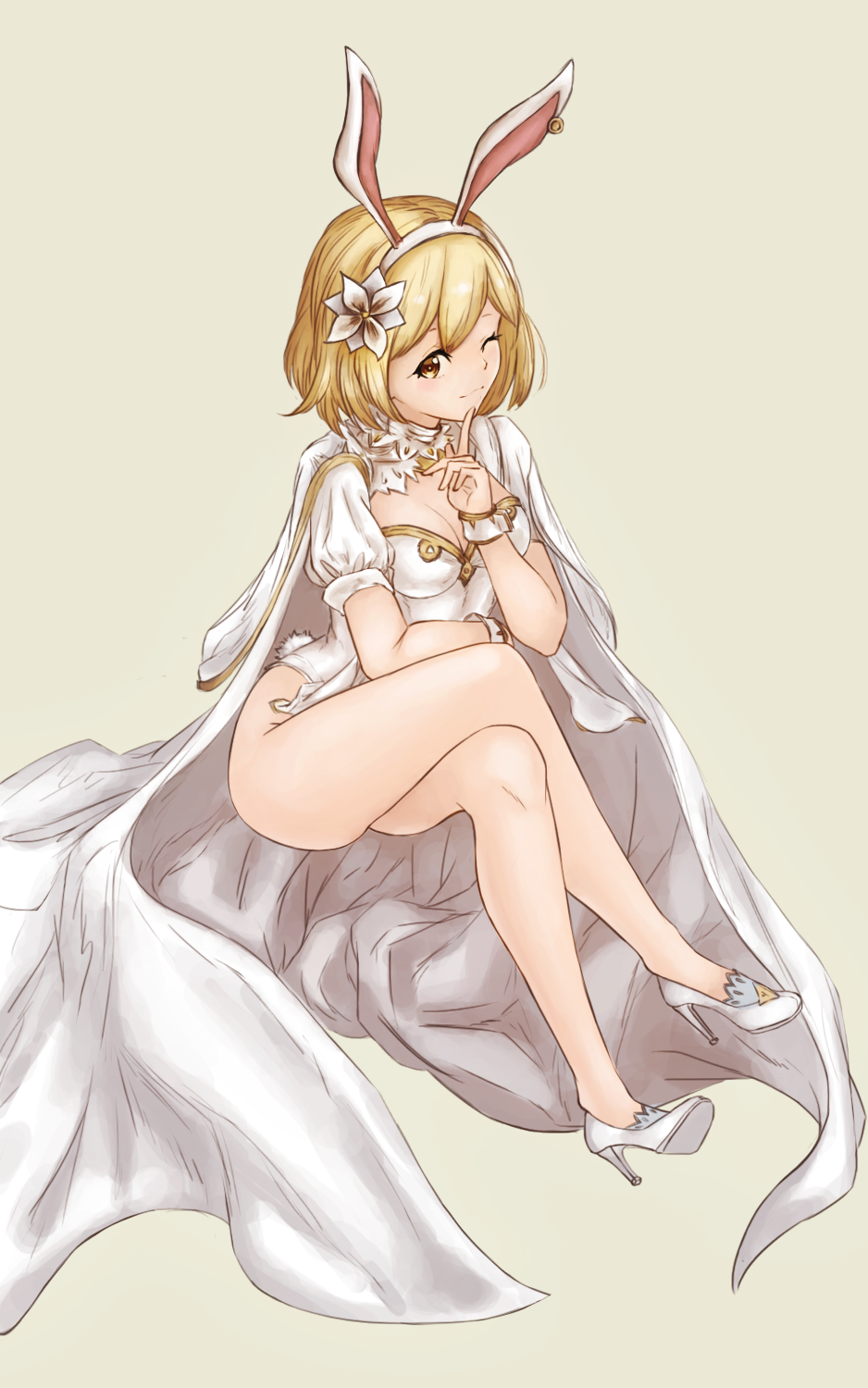 1girl ;) alternate_costume animal_ears ass bare_legs blonde_hair breasts brown_eyes cape cleavage crossed_legs djeeta_(granblue_fantasy) fake_animal_ears finger_to_mouth flower granblue_fantasy hair_flower hair_ornament hairband high_heels highres invisible_chair jewelry leotard looking_at_viewer one_eye_closed puffy_short_sleeves puffy_sleeves rabbit_ears sage_(granblue_fantasy) shoes short_hair short_sleeves single_earring sitting smile solo wakaba_(945599620) white_leotard white_shoes wrist_cuffs