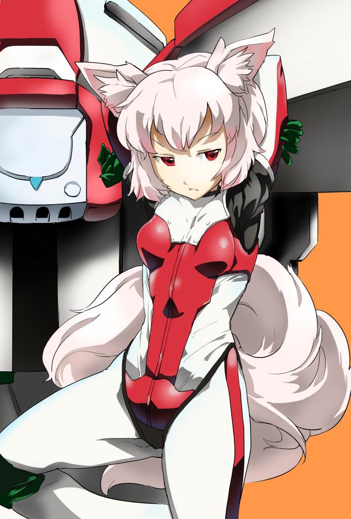 1girl alternate_costume animal_ears arms_behind_head bodysuit game_console inubashiri_momiji leotard mecha pilot_suit pink_hair red_eyes sega_dreamcast short_hair sinzan skin_tight solo tail touhou wolf_ears wolf_tail