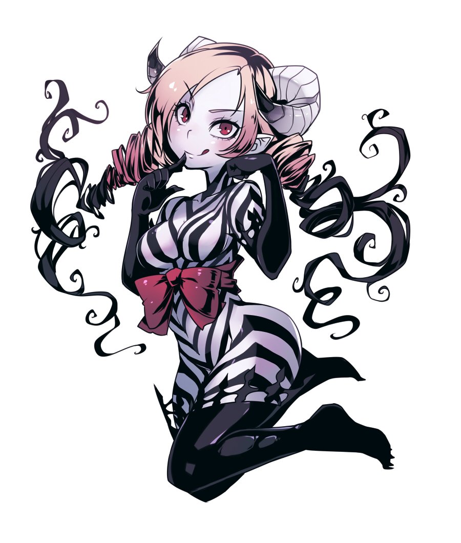 1girl alternate_form blonde_hair bow bowtie breasts catherine catherine_(game) demon_girl drill_hair finger_to_mouth horns licking_lips maximiliano_cabrera monster_girl multicolored_hair pale_skin pointy_ears red_eyes ribbon smile solo spoilers succubus tongue tongue_out twin_drills two-tone_hair