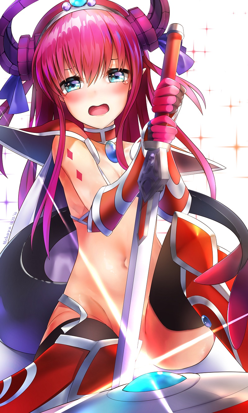 1girl armor black_legwear blue_eyes blush elizabeth_bathory_(brave)_(fate) fate/extra fate/extra_ccc fate/grand_order fate_(series) highres holding holding_sword holding_weapon horns lancer_(fate/extra_ccc) long_hair looking_at_viewer navel nekodayo22 open_mouth purple_hair shield shoulder_armor solo sword tail tears thigh-highs tiara weapon