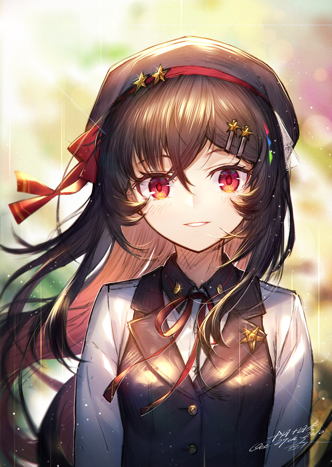 1girl 2016 arms_at_sides bangs beret black_hair black_hat black_vest blurry bokeh breasts buttons collared_shirt dated depth_of_field dress_shirt eyelashes floating_hair hair_between_eyes hair_ornament hair_ribbon hairclip hat heiwari_kanade highres light_particles long_hair long_sleeves looking_at_viewer motion_blur multicolored_background neck_ribbon original parted_lips red_eyes red_ribbon ribbon shirt simple_background sketch small_breasts smile solo star star-shaped_pupils star_hair_ornament symbol-shaped_pupils upper_body vest white_shirt