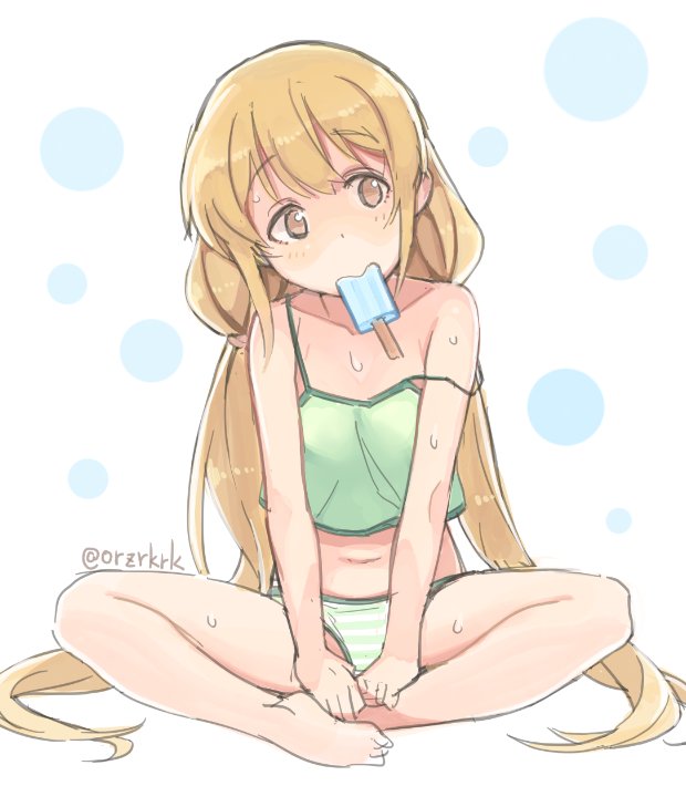 1girl barefoot blonde_hair brown_eyes camisole eating futaba_anzu idolmaster idolmaster_cinderella_girls indian_style long_hair looking_to_the_side midriff mouth_hold navel panties popsicle rkrk sitting solo strap_slip striped striped_panties sweat twintails twitter_username underwear underwear_only very_long_hair