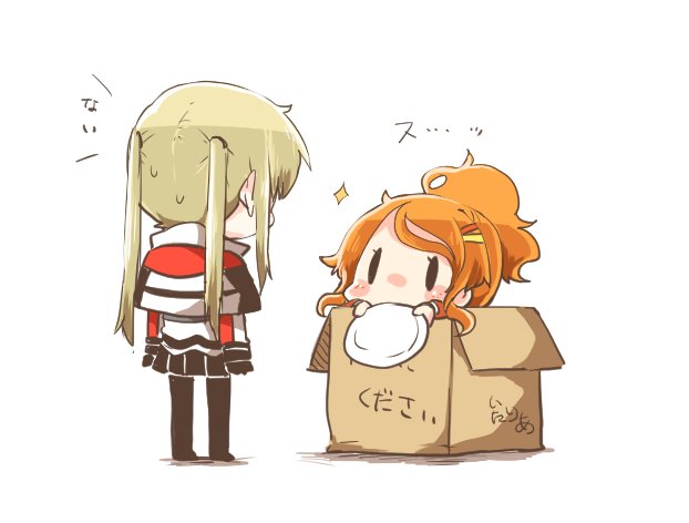 2girls aquila_(kantai_collection) blonde_hair blush box cardboard_box chibi commentary from_behind graf_zeppelin_(kantai_collection) hair_ornament hairclip in_box in_container kantai_collection multiple_girls orange_hair pantyhose plate ponytail rebecca_(keinelove) solid_oval_eyes sweat translated twintails white_background