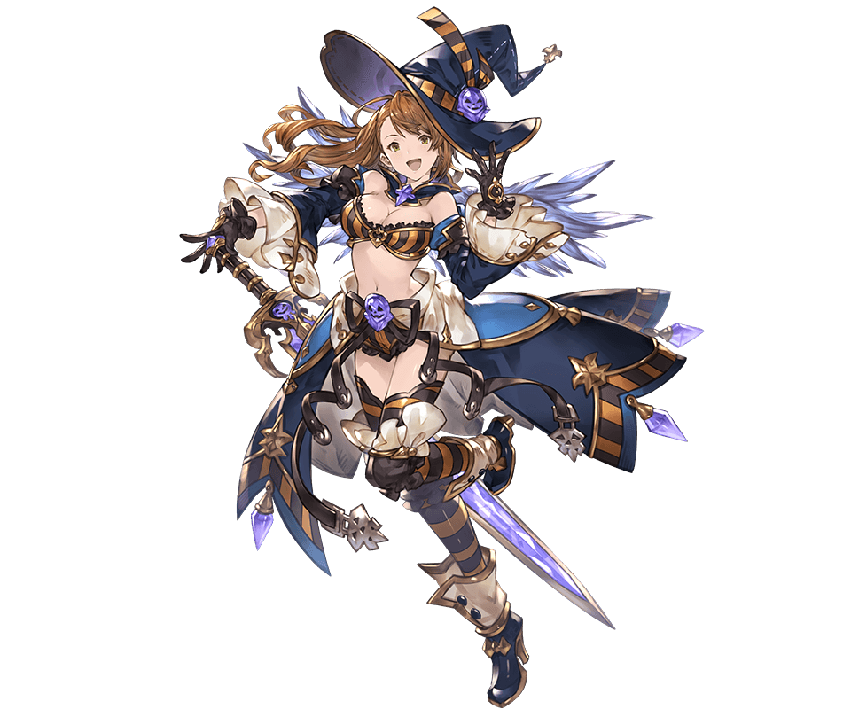 1girl :d bandeau bangs bare_shoulders beatrix_(granblue_fantasy) black_gloves black_hat blush breasts brown_hair cleavage detached_sleeves gloves granblue_fantasy hair_between_eyes halloween halloween_costume hat long_hair long_sleeves looking_at_viewer navel official_art open_mouth orange_eyes simple_background smile solo striped sword weapon white_background wide_sleeves witch_hat