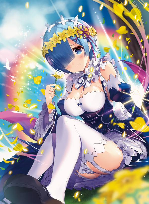 1girl apron arm_support bangs blue_eyes blue_hair blunt_bangs blush breasts cleavage clouds cloudy_sky collar detached_collar detached_sleeves flock flower frilled_collar frilled_sleeves frills garter_straps grass hair_ornament hair_over_one_eye hair_ribbon head_wreath holding holding_flower knees_up light_rays light_smile maid maid_headdress mary_janes medium_breasts neck_ribbon necomi_(gussan) outdoors petals purple_ribbon rainbow re:zero_kara_hajimeru_isekai_seikatsu rem_(re:zero) ribbon shoes short_hair sitting sky solo sunlight sunrise thigh-highs waist_apron white_legwear wide_sleeves wind wreath x_hair_ornament