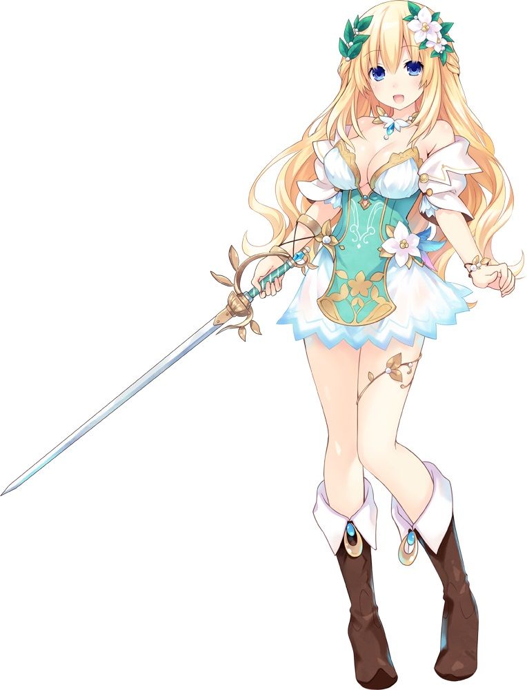 bare_shoulders blonde_hair blue_eyes boots breasts cleavage collar dress four_goddesses_online:_cyber_dimension_neptune full_body head_wreath holding holding_weapon knee_boots large_breasts long_hair neptune_(series) open_mouth short_dress simple_background smile solo standing sword tsunako vert wavy_hair weapon white_background