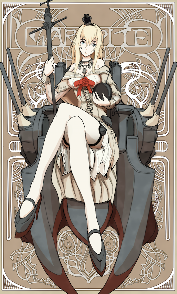 1girl art_nouveau bare_shoulders blonde_hair blue_eyes boushi-ya braid breasts character_name cleavage corset crossed_legs crown dress french_braid garter_straps globus_cruciger hair_between_eyes hairband holding jewelry kantai_collection long_hair machinery mini_crown necklace off-shoulder_dress off_shoulder revision scepter sitting smile solo staff thigh-highs throne turret warspite_(kantai_collection) white_legwear