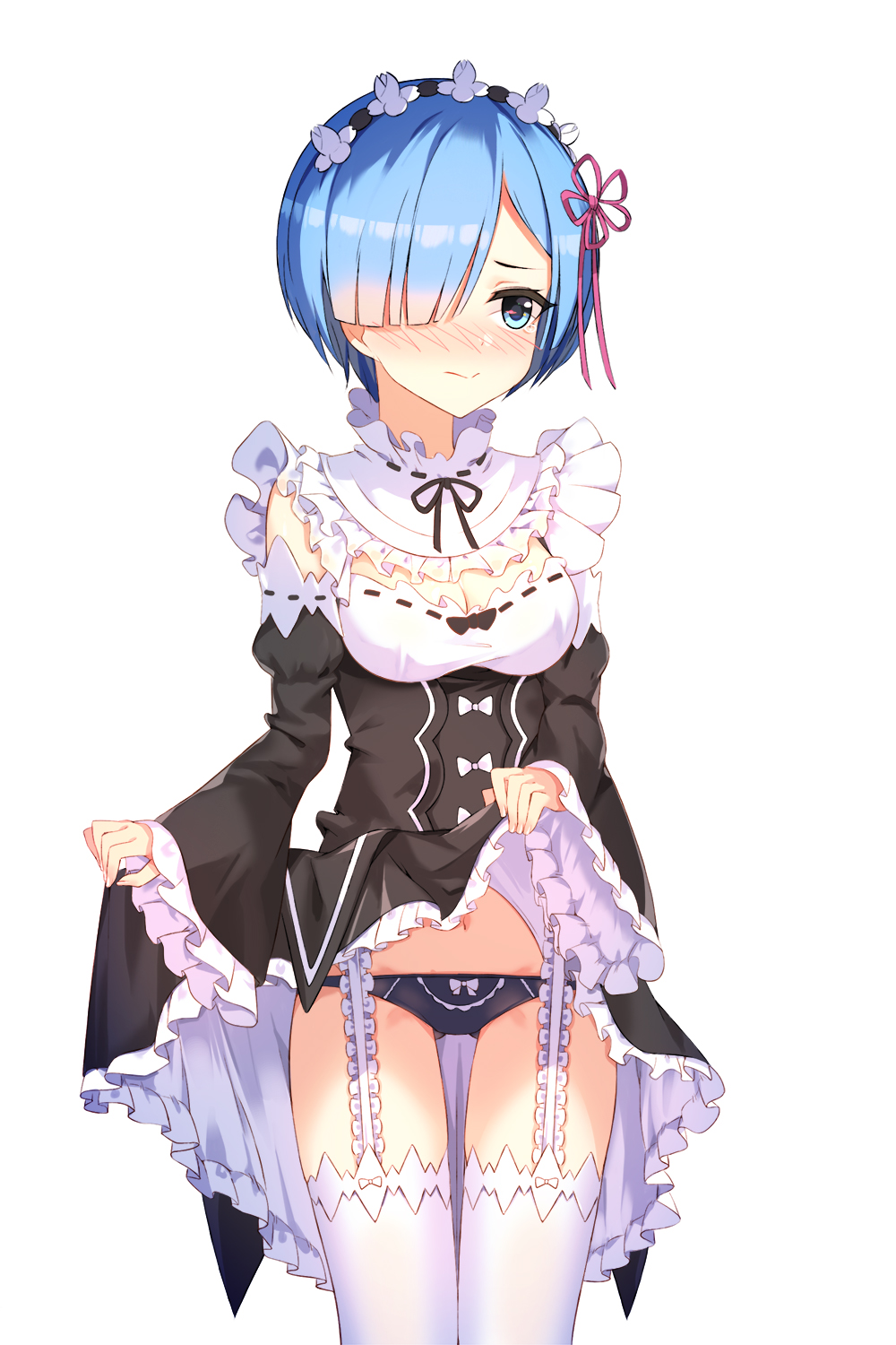 1girl black_panties blue_eyes blue_hair blush breasts cleavage detached_sleeves dress dress_lift garter_straps ginon_(sjyh3466) hair_ornament hair_over_one_eye hair_ribbon headdress highres lingerie looking_at_viewer maid maid_headdress medium_breasts navel panties pink_ribbon re:zero_kara_hajimeru_isekai_seikatsu rem_(re:zero) ribbon ribbon-trimmed_clothes ribbon-trimmed_sleeves ribbon_trim short_hair simple_background solo standing thigh-highs underwear white_background white_legwear x_hair_ornament