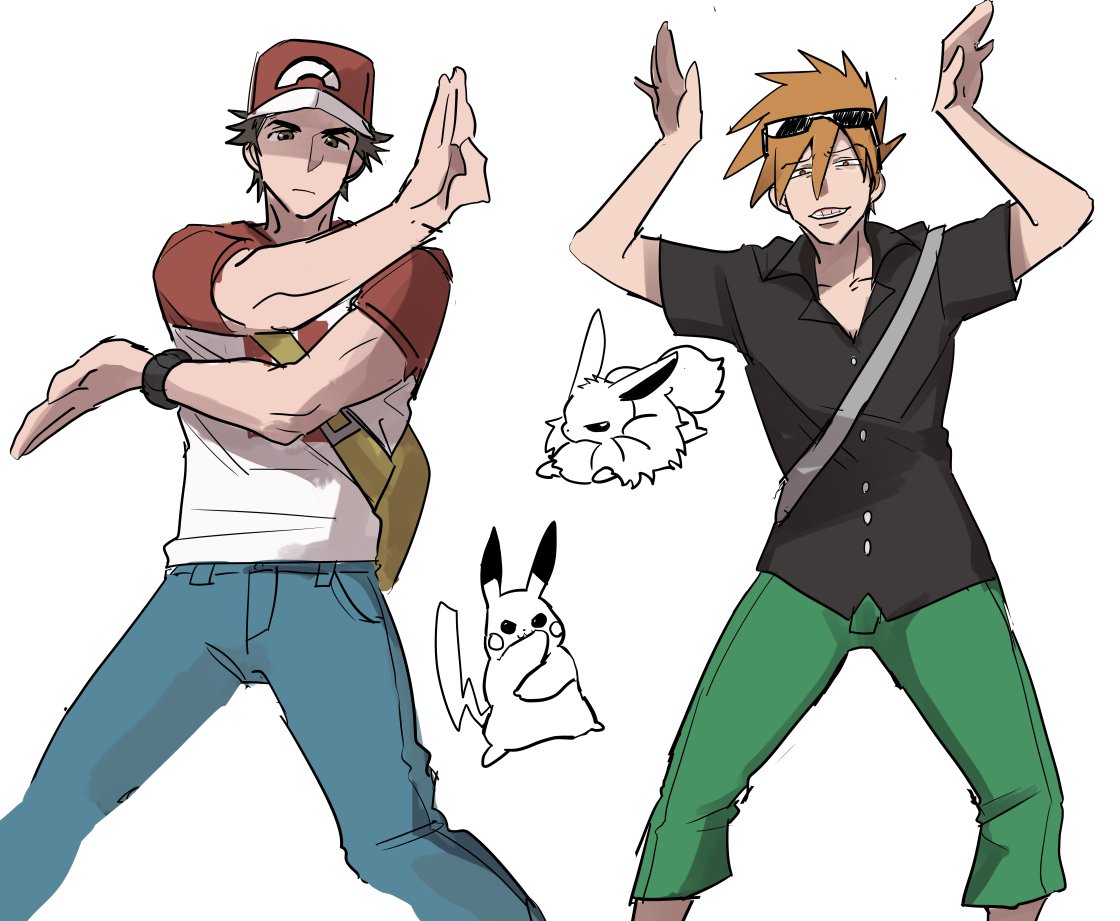 2boys arms_up baseball_cap black_shirt brown_hair capri_pants eevee green_pants hat male_focus multiple_boys older ookido_green ookido_green_(sm) pants pikachu pokemon pokemon_(creature) pokemon_(game) pokemon_sm popped_collar pose red_(pokemon) red_(pokemon)_(sm) shirt short_hair simple_background smirk spiky_hair sunglasses sunglasses_on_head t-shirt toumas white_background z-move