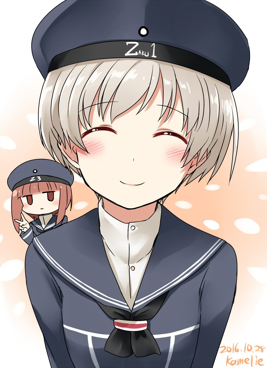 2girls artist_name blush closed_eyes collared_shirt commentary_request dated eyebrows eyebrows_visible_through_hair grey_hair hat highres kamelie kantai_collection looking_at_viewer multiple_girls redhead sailor_hat shiny shiny_hair shirt short_hair smile v z1_leberecht_maass_(kantai_collection) z3_max_schultz_(kantai_collection)
