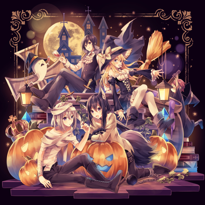 &gt;_&lt; 5boys :q akita_toushirou animal_ears ball_and_chain bandages black_hair blonde_hair blue_eyes boots broom candy cape closed_eyes cravat cross cross-laced_footwear crossed_legs crown cup detached_sleeves dress drinking_glass facial_hair full_moon ghost gloves halloween hat honebami_toushirou jack-o'-lantern lace-up_boots lantern lollipop male_focus midare_toushirou moon mouth_hold multiple_boys mustache namazuo_toushirou open_mouth otoko_no_ko paw_gloves pink_hair ponytail sitting smile star tail tongue tongue_out touken_ranbu violet_eyes white_hair wine_glass witch_hat wolf_ears wolf_tail yagen_toushirou yuxx_yux
