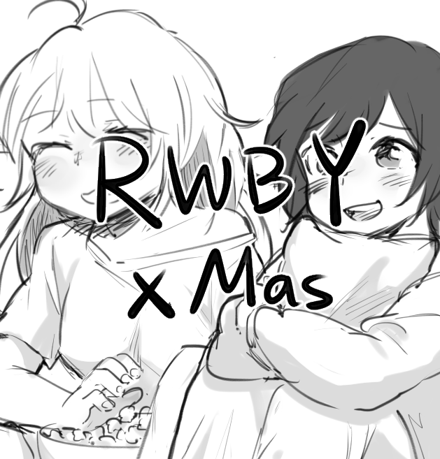 2girls ahoge cover cover_page monochrome moonexplorers multiple_girls pillow popcorn ruby_rose rwby sitting yang_xiao_long