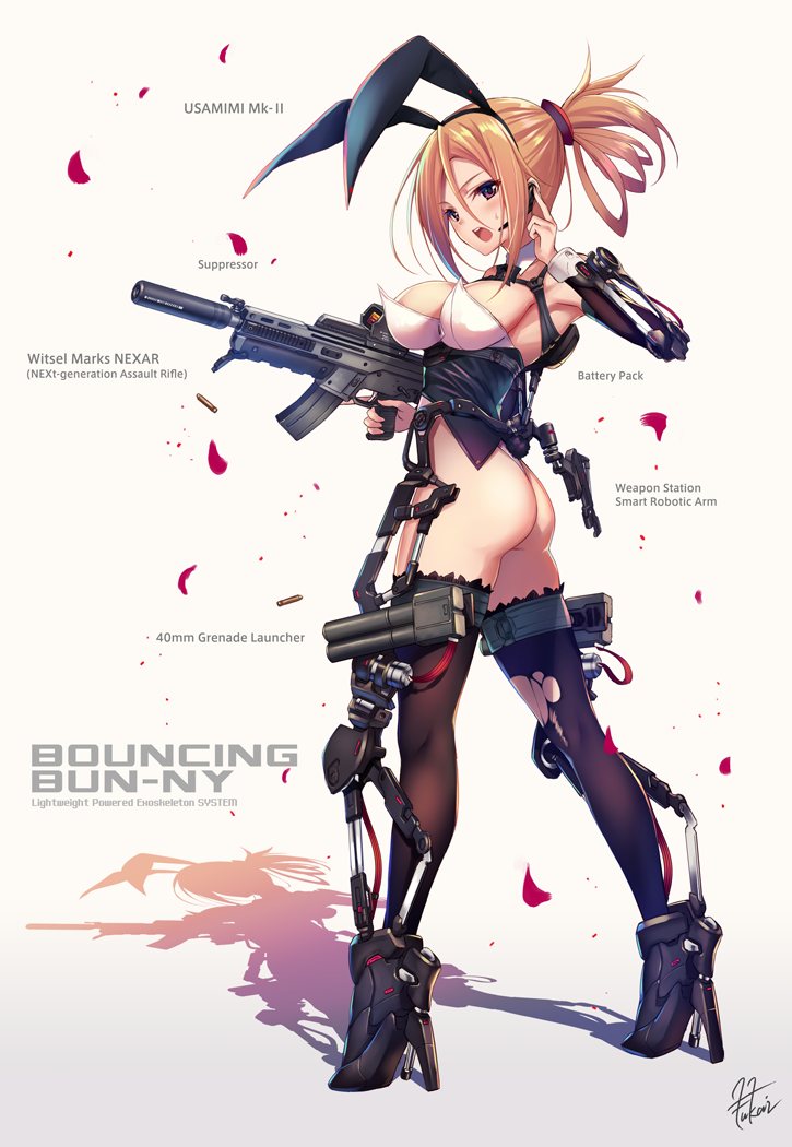 1girl animal_ears ass assault_rifle breasts brown_hair english finger_to_head fukai_ryousuke gun headset legs medium_breasts original rabbit_ears red_eyes rifle shadow short_hair simple_background solo suppressor thighs weapon white_background