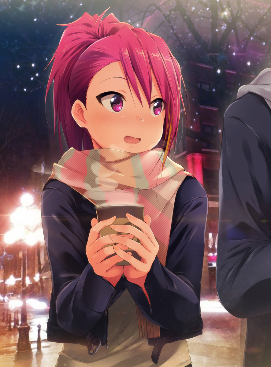 1boy 1girl blonde_hair blush building casual commentary_request cup drink evening eyebrows eyebrows_visible_through_hair fingernails hair_between_eyes hands_together height_difference highres holding holding_cup idolmaster idolmaster_million_live! jacket kaiga lamppost long_hair looking_at_another maihama_ayumu multicolored_hair open_clothes open_jacket open_mouth out_of_frame outdoors pink_eyes pink_hair ponytail scarf snow snowing solo_focus standing steam streaked_hair striped striped_scarf tree two-tone_hair upper_body w_arms wavy_mouth
