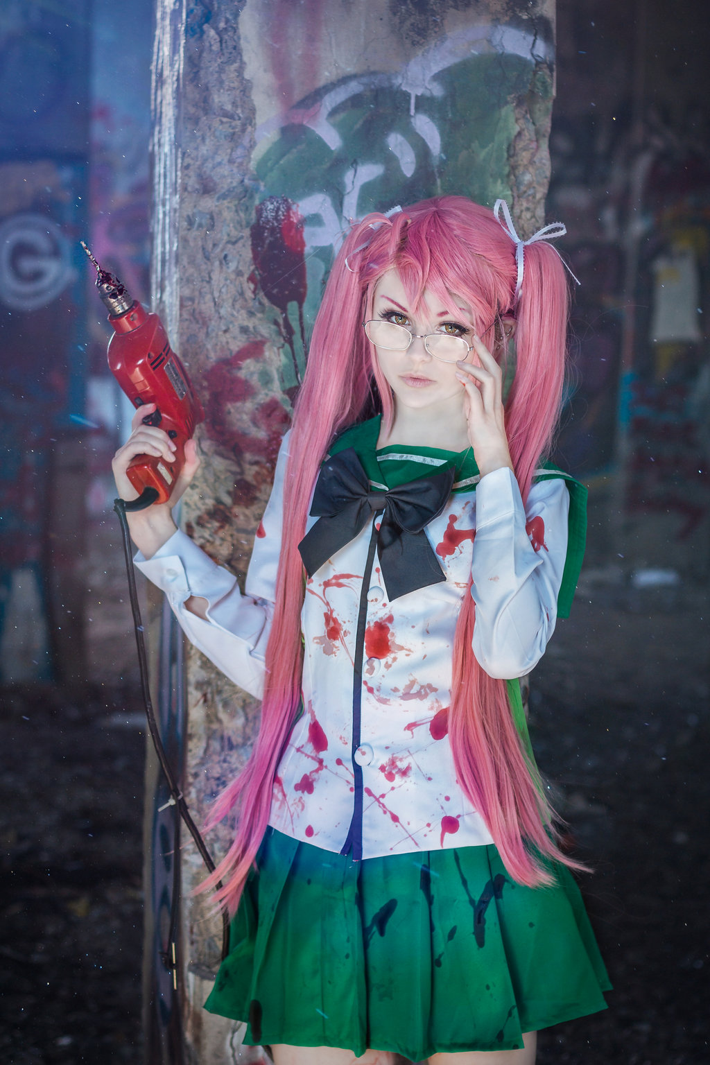 blood cosplay glasses highschool_of_the_dead pink_hair
