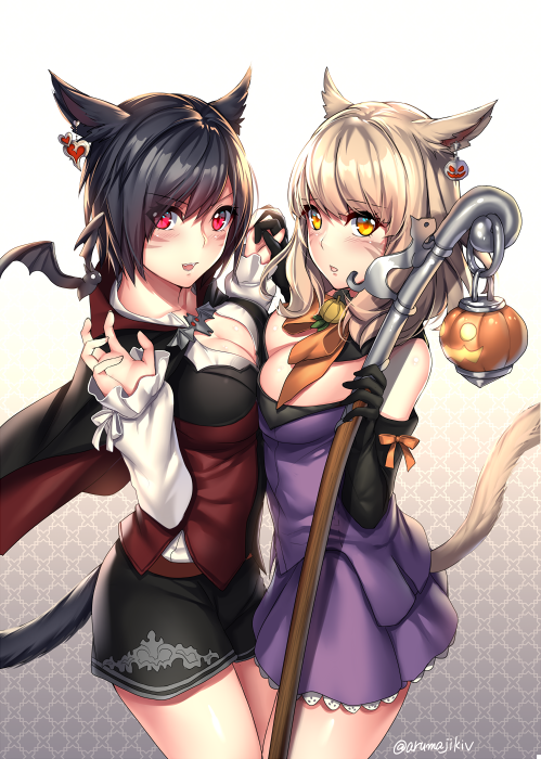 2girls :d animal_ears aruma_jiki bangs bat black_cloak black_gloves black_hair black_shorts blonde_hair blush bow breast_press breasts cat_ears cat_tail claw_pose cleavage cloak collarbone commentary_request cowboy_shot dress earrings elbow_gloves eyebrows eyebrows_visible_through_hair eyes_visible_through_hair facial_mark fangs final_fantasy final_fantasy_xiv flying from_side gloves halloween_costume heart heart_earrings holding holding_hands holding_staff interlocked_fingers jewelry long_hair long_sleeves looking_at_viewer medium_breasts miqo'te multiple_girls neckerchief open_mouth orange_bow pumpkin purple_dress red_eyes shorts smile staff standing strapless strapless_dress symmetrical_docking tail twitter_username vest w_arms yellow_eyes