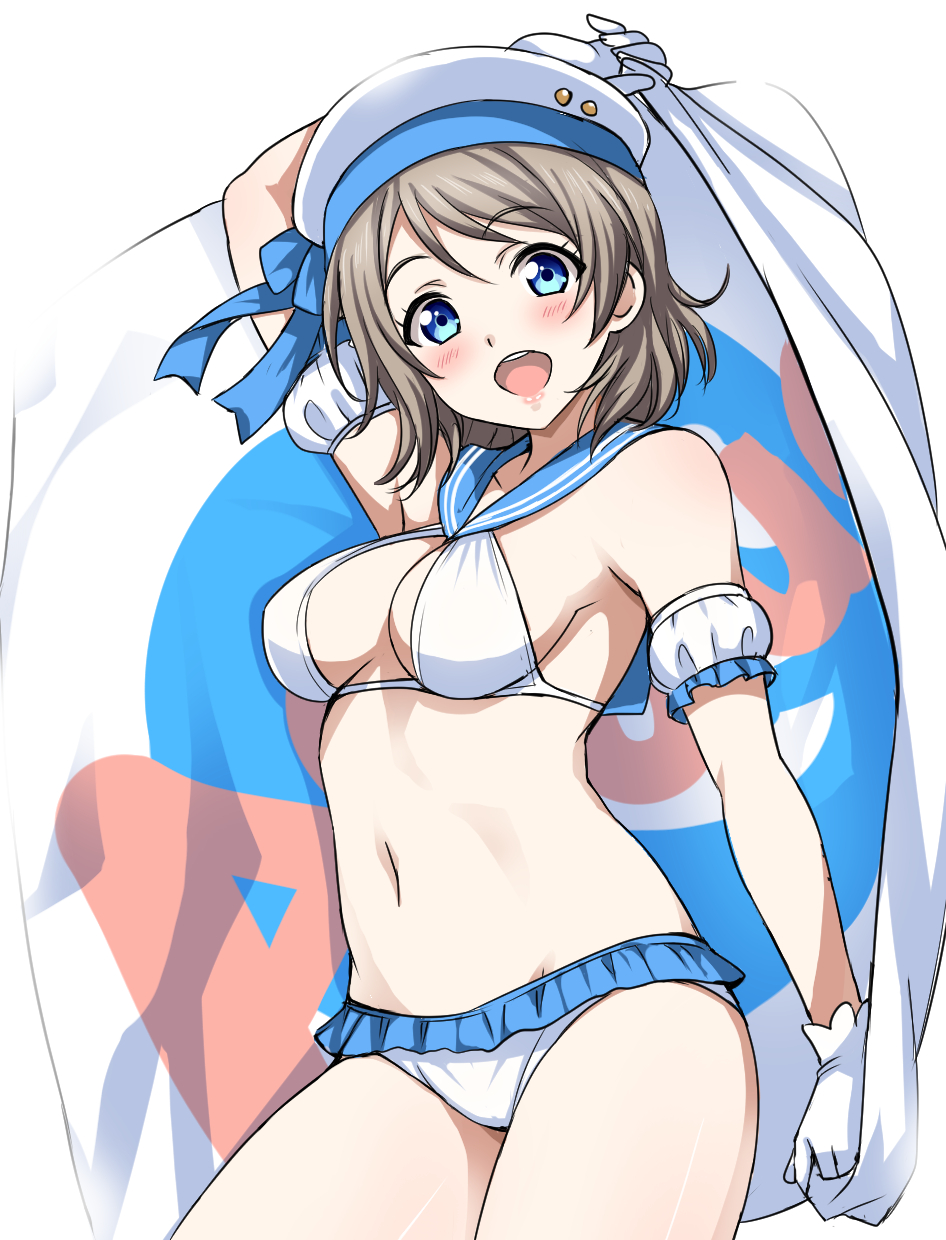 1girl bikini blue_eyes blush breasts commentary_request cowboy_shot flag frilled_bikini frills gloves hat highres holding light_brown_hair looking_at_viewer love_live! love_live!_sunshine!! medium_breasts navel open_mouth rozen5 sailor_bikini sailor_collar sailor_hat short_hair simple_background smile solo standing swimsuit teeth watanabe_you white_background white_gloves