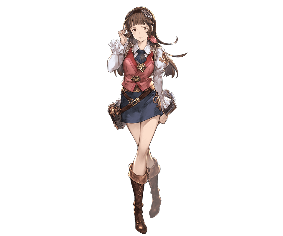 1girl bag boots brown_eyes brown_hair clipboard crossed_legs detached_sleeves full_body granblue_fantasy hairband juliet_sleeves knee_boots long_hair long_sleeves looking_at_viewer minaba_hideo miniskirt puffy_sleeves simple_background skirt smile solo standing vest white_background