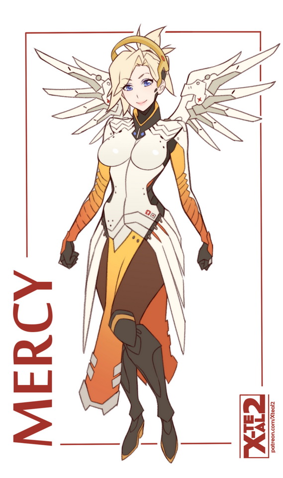 1girl artist_name blonde_hair blue_eyes breasts character_name eyeshadow full_body greaves looking_at_viewer makeup mechanical_halo mechanical_wings mercy_(overwatch) overwatch pantyhose simple_background smile solo wings x-teal2