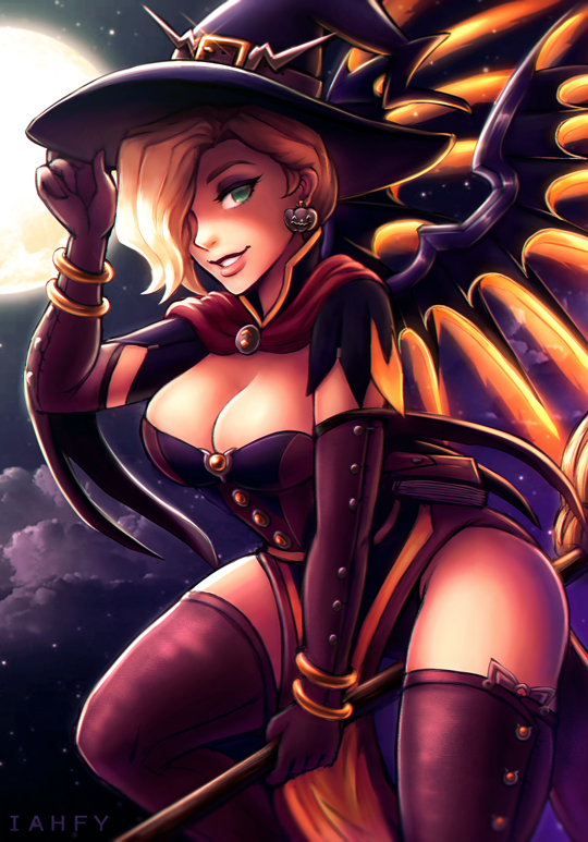 1girl alternate_costume blonde_hair breasts broom broom_riding cleavage green_eyes hair_over_one_eye hat iahfy looking_at_viewer mercy_(overwatch) moon night overwatch panties pantyshot pantyshot_(sitting) sitting solo underwear witch witch_hat witch_mercy