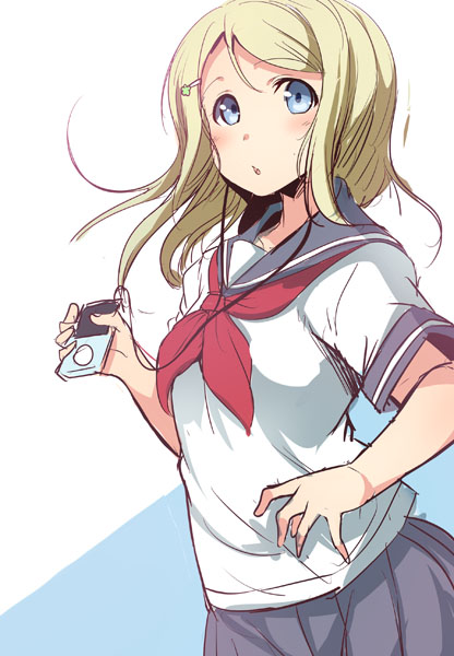 1girl ajishio ayase_arisa blonde_hair blue_eyes blush digital_media_player ipod long_hair love_live! love_live!_school_idol_project school_uniform serafuku sketch solo