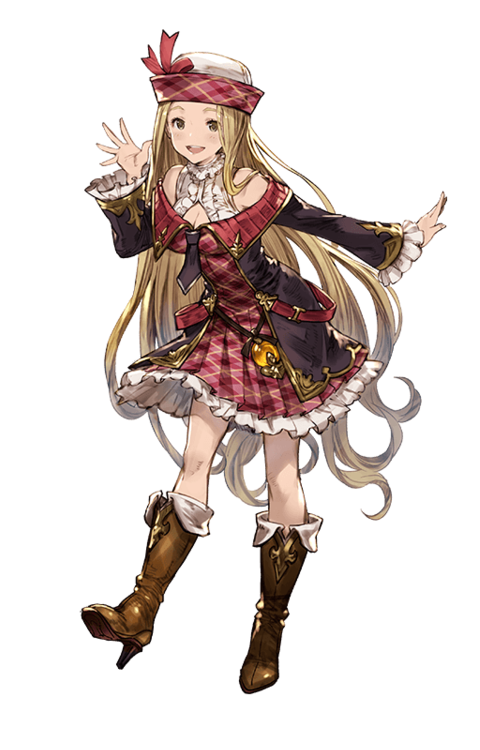 1girl bare_shoulders blonde_hair boots brown_eyes detached_sleeves diola_(granblue_fantasy) dress frills full_body granblue_fantasy hat knee_boots long_hair long_sleeves minaba_hideo open_mouth simple_background solo standing white_background