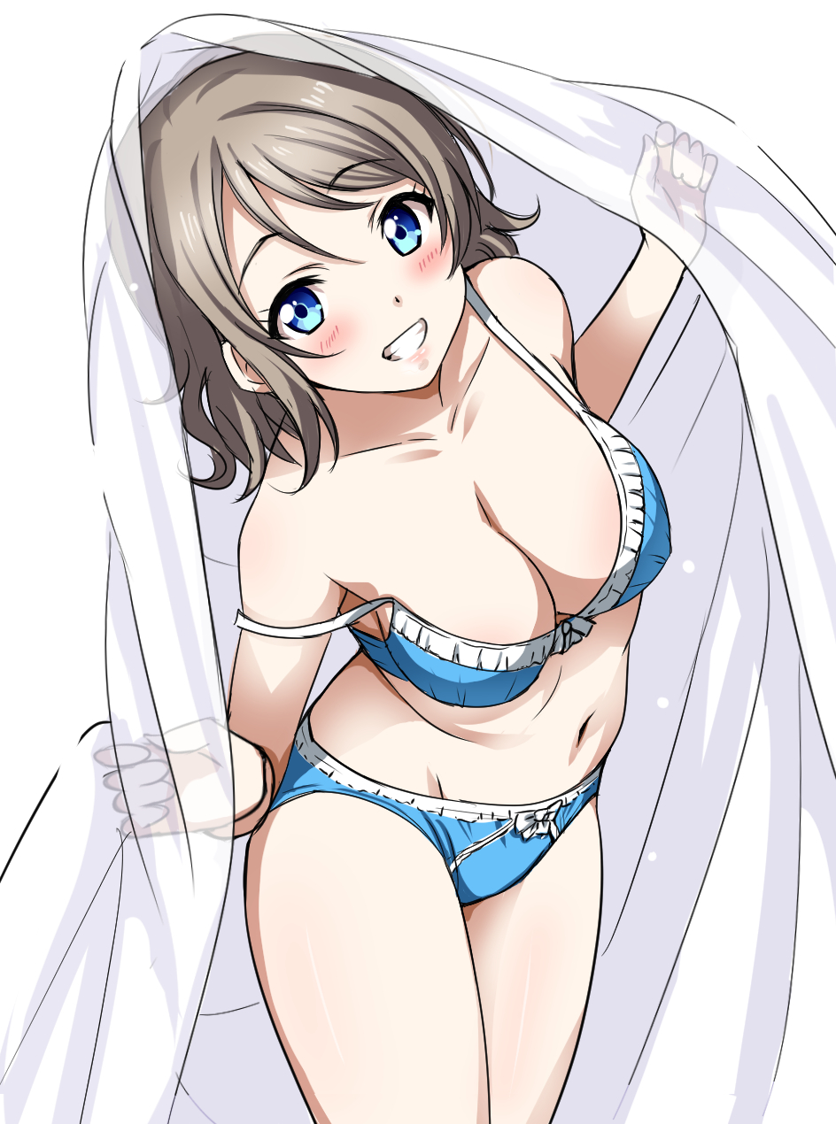 1girl blue_bra blue_eyes blue_panties blush bra breasts brown_hair cleavage commentary_request cowboy_shot highres looking_at_viewer love_live! love_live!_sunshine!! navel panties rozen5 short_hair simple_background smile solo standing strap_slip teeth underwear watanabe_you white_background