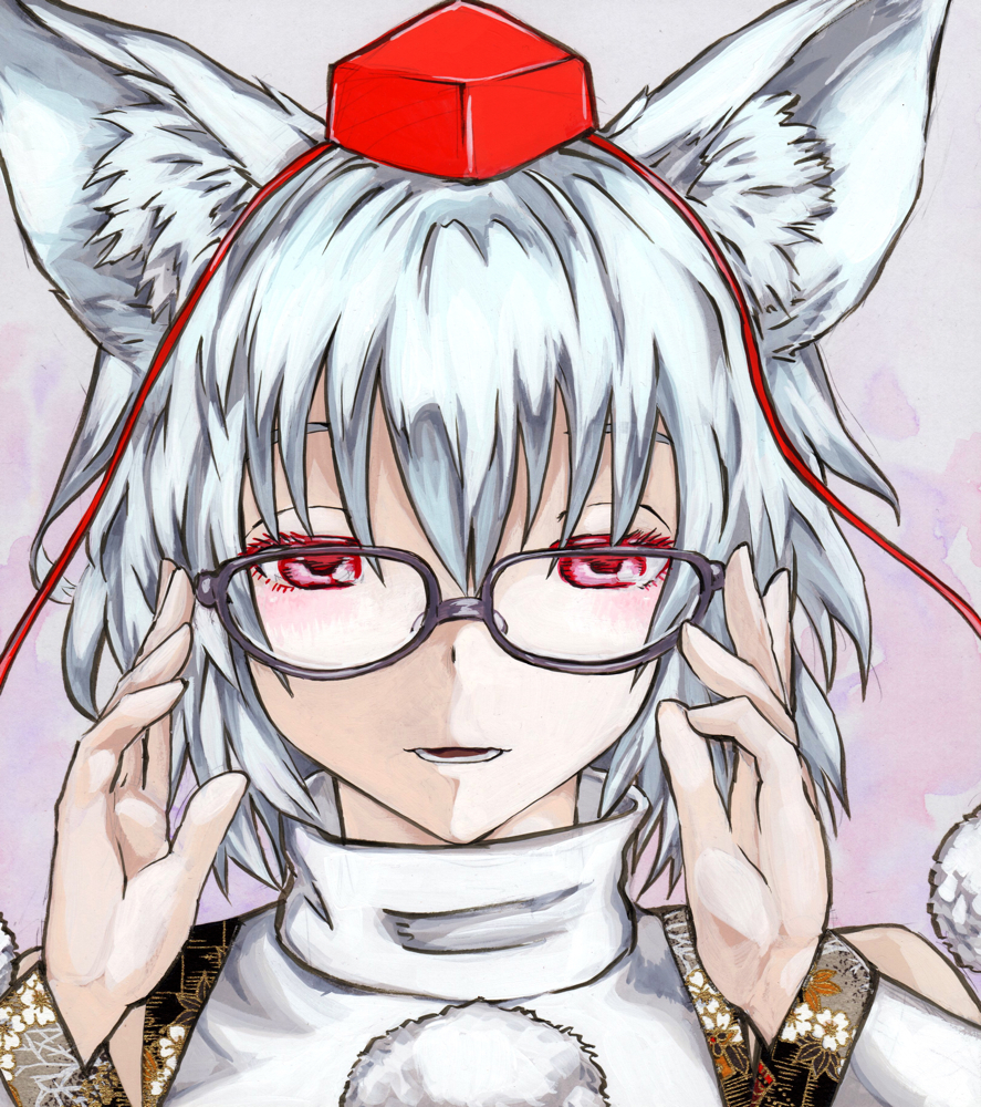 1girl acrylic_paint_(medium) adjusting_glasses animal_ears bespectacled eyelashes glasses hands_up hat inubashiri_momiji kabaji looking_at_viewer open_mouth portrait red_eyes silver_hair solo tokin_hat touhou traditional_media wolf_ears