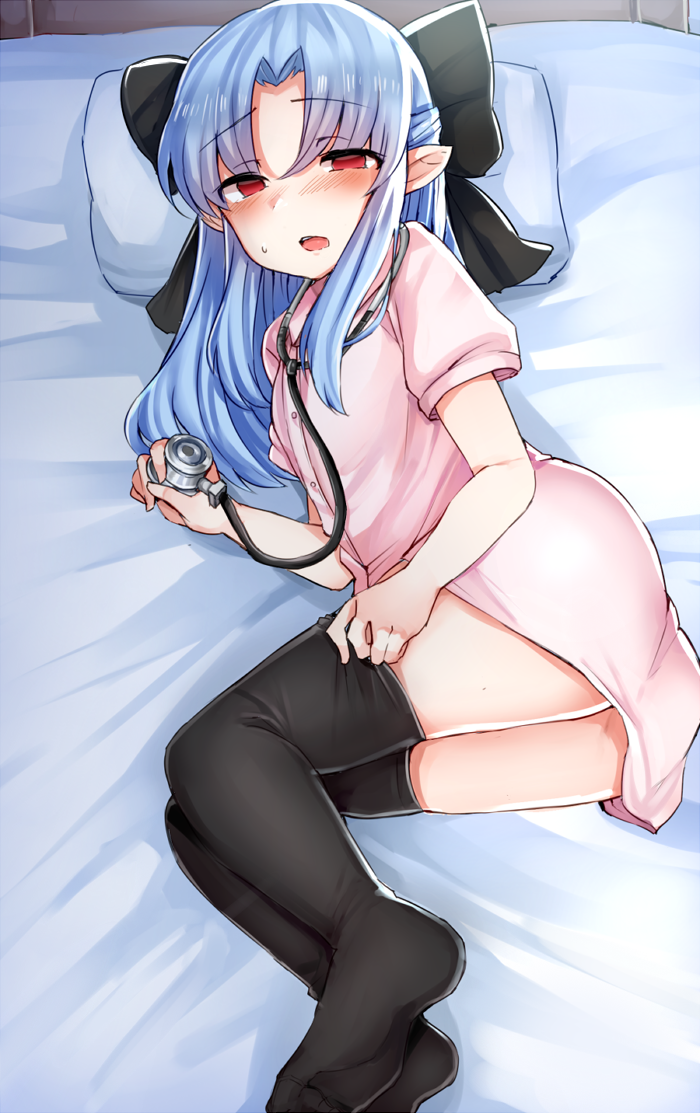 1girl bed bed_sheet black_bow black_legwear blue_hair blush bow eyebrows eyebrows_visible_through_hair full_body hair_bow hair_ribbon half_updo holding hollow_eyes indoors jirou_(tamaho39) kagetsu_tooya legs_together len lying medical_scrubs nurse on_side open_mouth pillow pointy_ears red_eyes ribbon short_sleeves sidelocks solo stethoscope sweat thigh-highs thighhighs_pull tsukihime zettai_ryouiki