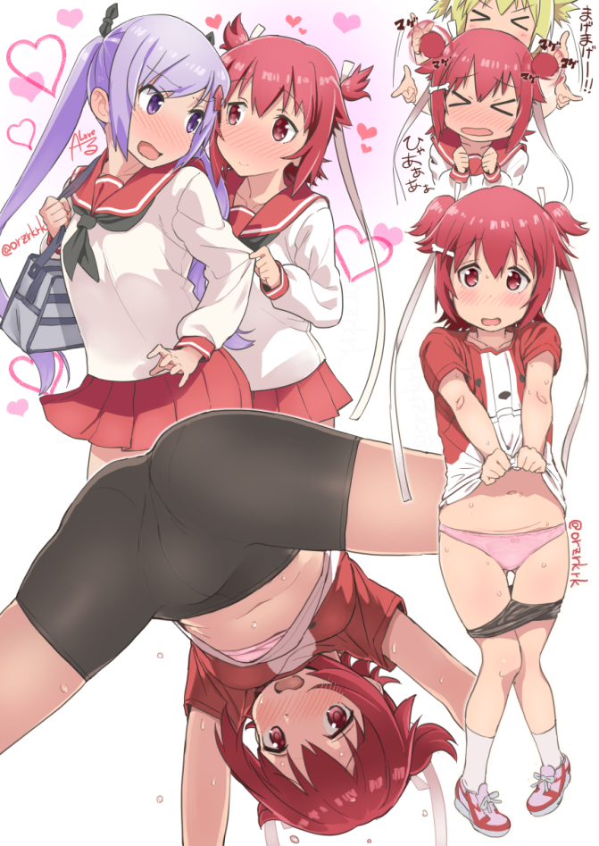 &gt;_&lt; bike_shorts blonde_hair blush bone_hair_ornament closed_eyes dripping hair_ribbon heart kamiya_agari multiple_girls open_mouth panties pants_down red_eyes redhead ribbon rkrk school_uniform shakunetsu_no_takkyuu_musume shirt_lift short_hair short_twintails sweat sweating tenka_hanabi translation_request tsumujikaze_koyori twintails underwear yuri