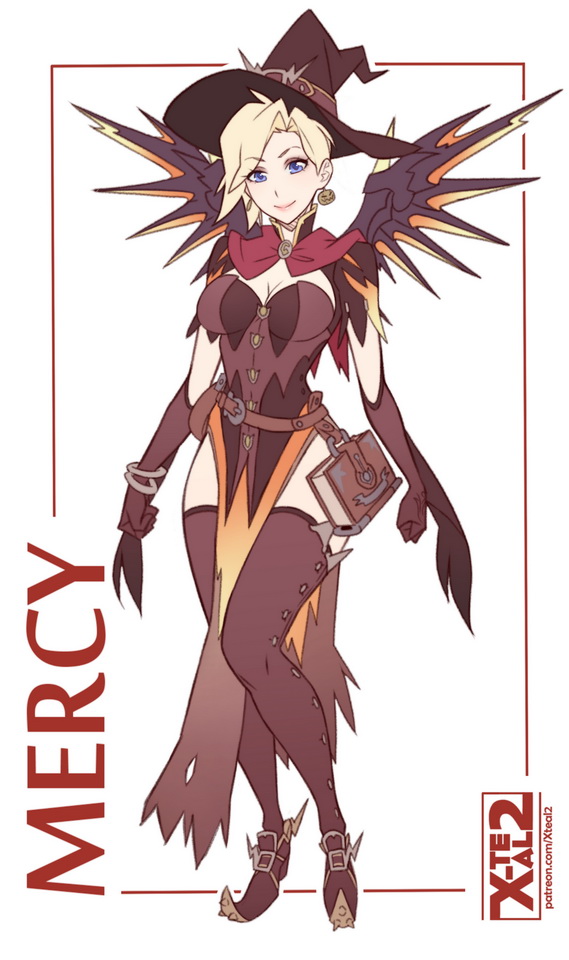 1girl alternate_costume artist_name blonde_hair blue_eyes book breasts character_name cleavage eyeshadow full_body hat looking_at_viewer makeup mechanical_wings mercy_(overwatch) overwatch pelvic_curtain simple_background smile solo thigh-highs wings witch witch_hat witch_mercy x-teal2