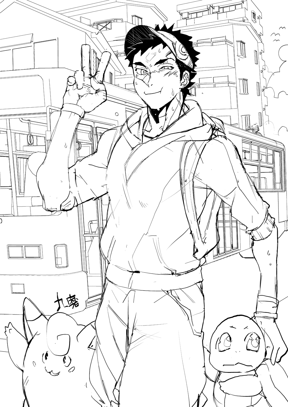 1boy backpack bag bus clefairy gloves greyscale ground_vehicle highres hood hoodie house male_focus male_protagonist_(pokemon_go) monochrome motor_vehicle pokemon pokemon_(creature) pokemon_go road saitoukuniko-3 short_hair smile squirtle street v visor_cap