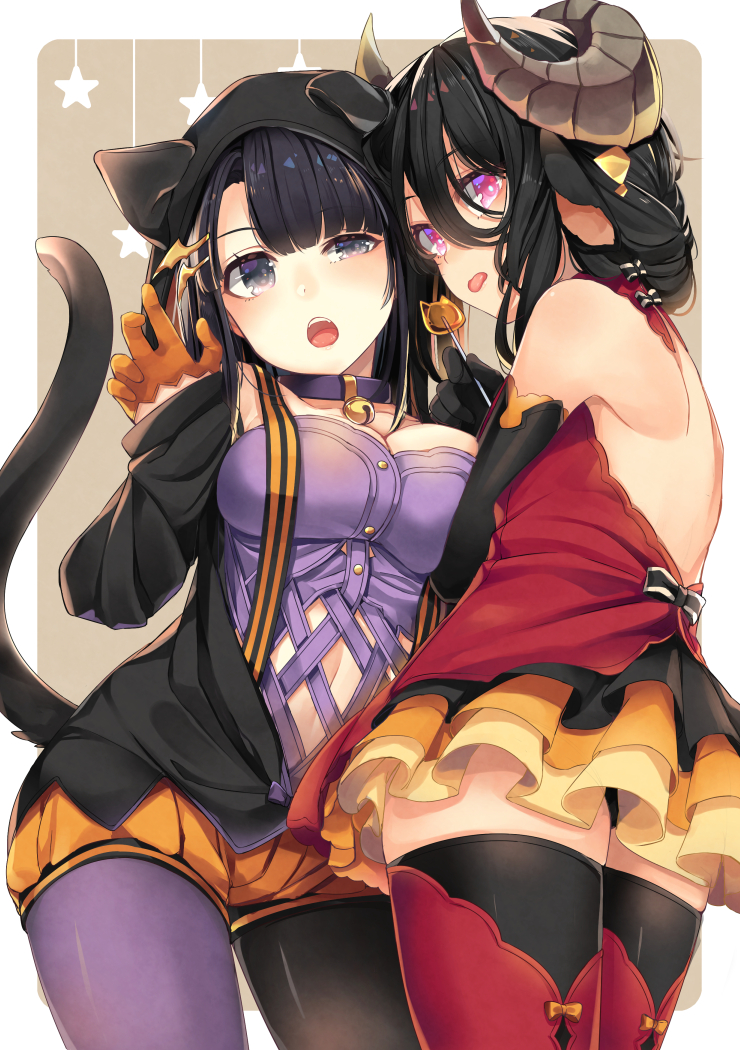 2girls :o :p animal_ears animal_hood ao_no_neko bangs bare_back bare_shoulders bell bell_collar black_eyes black_gloves black_hair black_jacket black_legwear black_panties bow breast_press breasts candy cat_hood cat_tail collar collarbone cowboy_shot cross-laced_clothes dress ear_clip elbow_gloves eyelashes food gloves hair_between_eyes half_gloves halloween halterneck head_to_head holding holding_food hood hooded_jacket horns jacket jingle_bell large_breasts lollipop long_hair long_sleeves looking_at_viewer mismatched_legwear multiple_girls open-back_dress open_clothes open_jacket orange_bow orange_gloves orange_shorts original panties pantyhose pantyshot pantyshot_(standing) pleated_dress purple_legwear red_legwear rounded_corners sheep_ears sheep_horns short_dress shorts standing star striped striped_bow suspenders tail thigh-highs tongue tongue_out underwear uneven_eyes white_border winged_hair_ornament