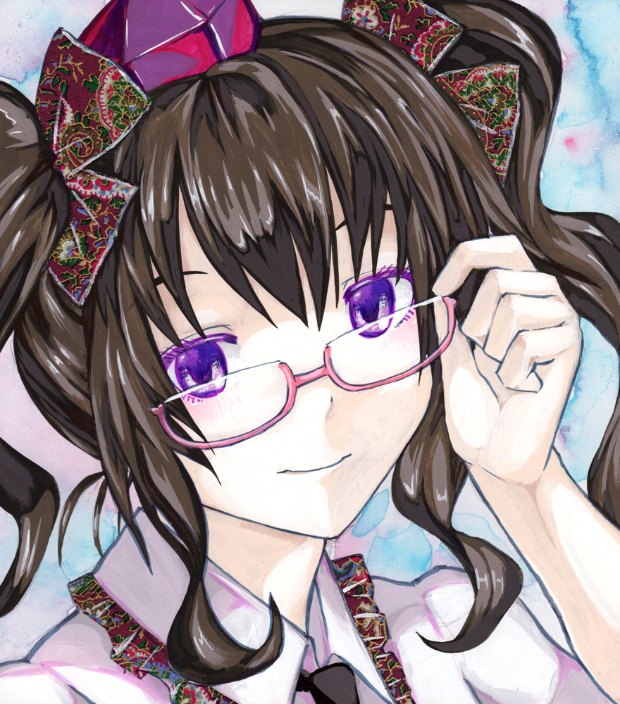 1girl acrylic_paint_(medium) adjusting_glasses bespectacled black_hair bow eyelashes glasses hair_bow hand_up hat head_tilt himekaidou_hatate kabaji light_smile long_hair looking_at_viewer necktie portrait semi-rimless_glasses solo tokin_hat touhou traditional_media twintails under-rim_glasses violet_eyes