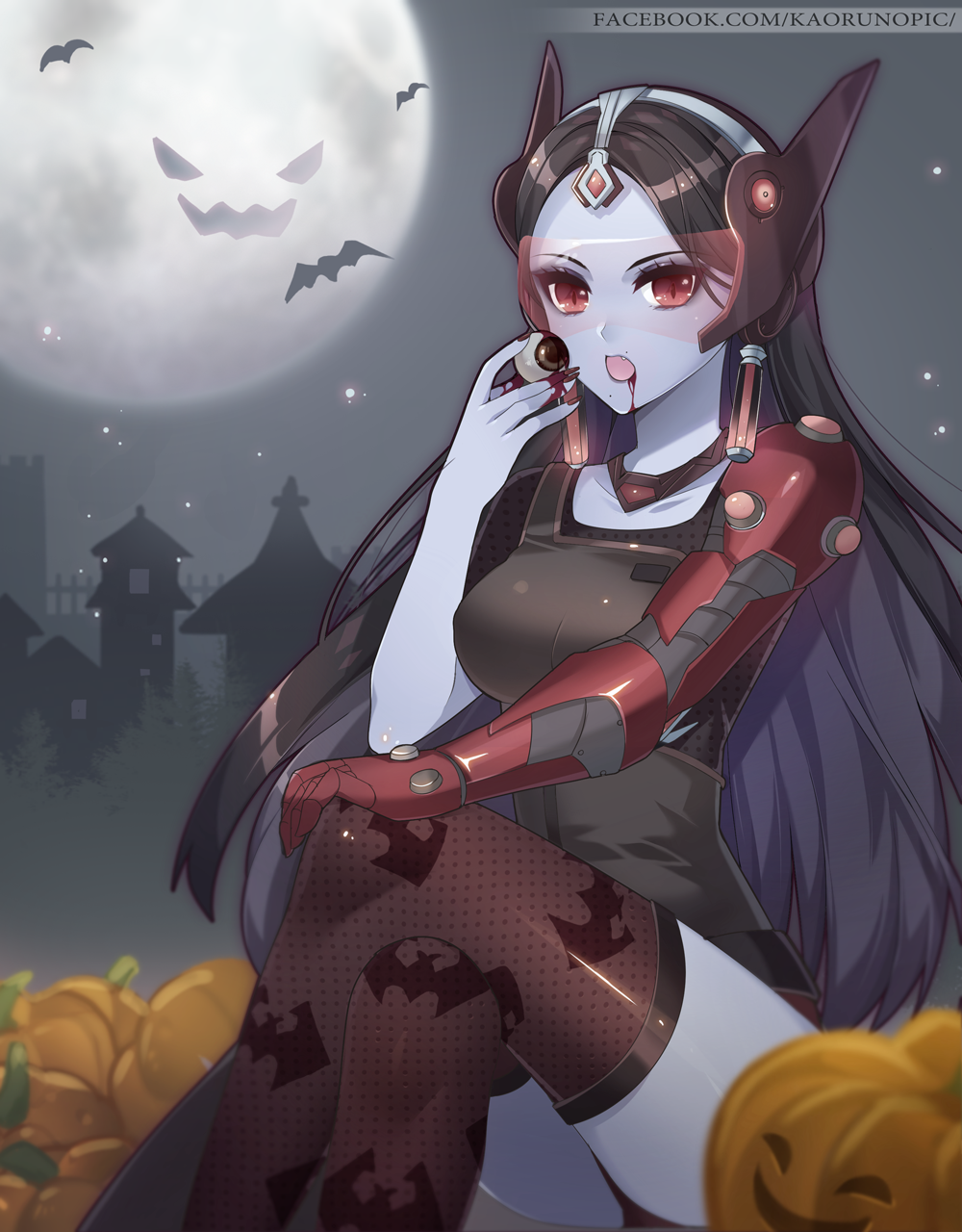 1girl alternate_costume atobesakunolove bat_print black_hair blood blood_from_mouth breasts cowboy_shot crossed_legs dress earrings eyeball fishnet_legwear fishnets forehead_jewel halloween halloween_costume headgear highres jack-o'-lantern jewelry long_hair looking_at_viewer mechanical_arm medium_breasts open_mouth outdoors overwatch pale_skin red_eyes sitting solo symmetra_(overwatch) thigh-highs vampire_symmetra visor